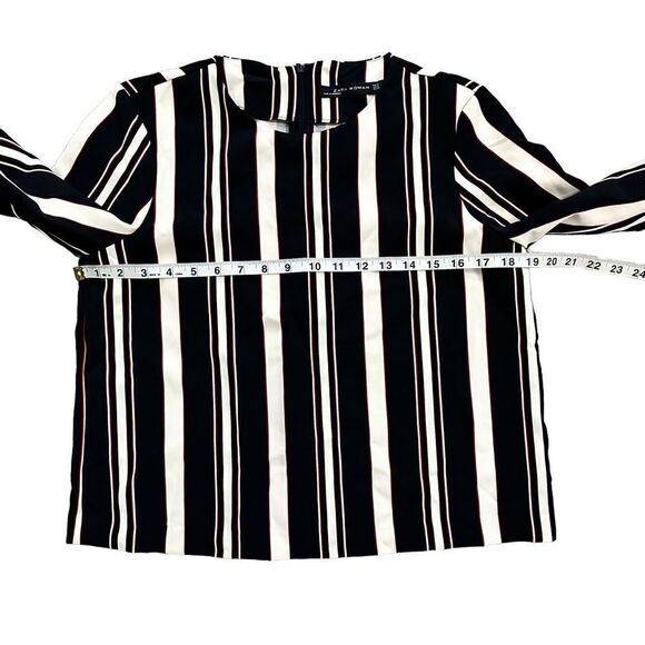 Zara Woman Black Red & White Stripe Collarless Cropped Blouse Size Medium - Picture 8 of 11
